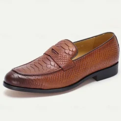 Clearance OUKU Men's Premium Cowhide Leather Loafers with Textured Snake Skin Design, Slip-On Comfort, Stylish and Versatile for Casual and Formal Occasions Brown