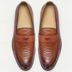 Clearance OUKU Men's Premium Cowhide Leather Loafers with Textured Snake Skin Design, Slip-On Comfort, Stylish and Versatile for Casual and Formal Occasions Brown