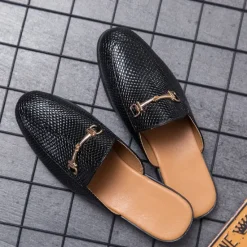 New OUKU Men's Brown Snake Pattern Loafers – Slip-On Faux Leather Mules with Metal Buckle for Casual and Formal Wear Black