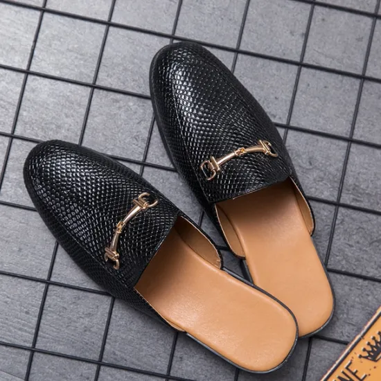 New OUKU Men's Brown Snake Pattern Loafers – Slip-On Faux Leather Mules with Metal Buckle for Casual and Formal Wear Black