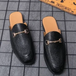 New OUKU Men's Brown Snake Pattern Loafers – Slip-On Faux Leather Mules with Metal Buckle for Casual and Formal Wear Black