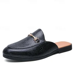 New OUKU Men's Brown Snake Pattern Loafers – Slip-On Faux Leather Mules with Metal Buckle for Casual and Formal Wear Black