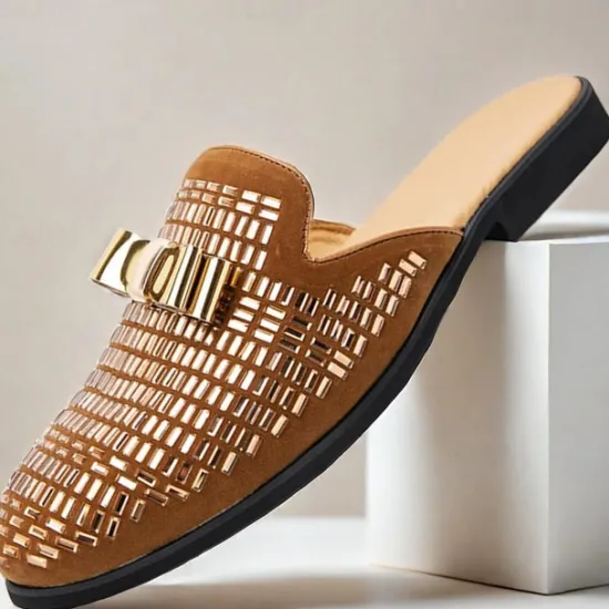 Discount OUKU Men's Brown Suede Slip-On Mules with Metallic Gold Studded Design and Bow Accent – Stylish Casual Loafers for Everyday Wear and Special Occasions