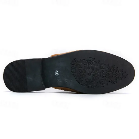 Discount OUKU Men's Brown Suede Slip-On Mules with Metallic Gold Studded Design and Bow Accent – Stylish Casual Loafers for Everyday Wear and Special Occasions
