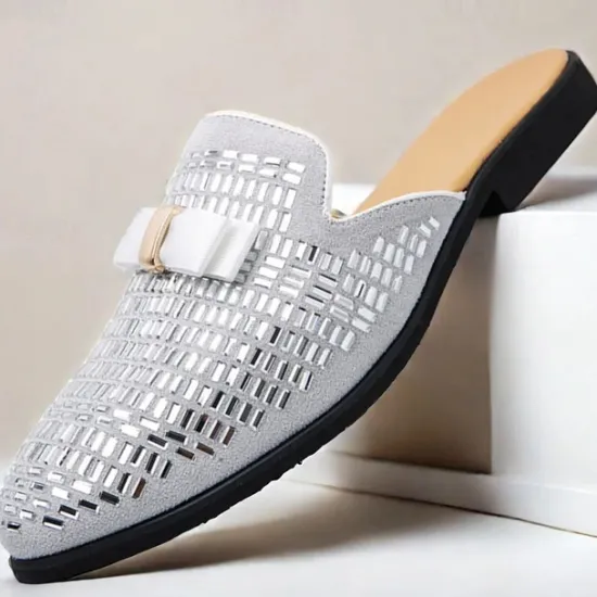 Discount OUKU Men's Brown Suede Slip-On Mules with Metallic Gold Studded Design and Bow Accent – Stylish Casual Loafers for Everyday Wear and Special Occasions