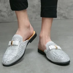 Discount OUKU Men's Brown Suede Slip-On Mules with Metallic Gold Studded Design and Bow Accent – Stylish Casual Loafers for Everyday Wear and Special Occasions