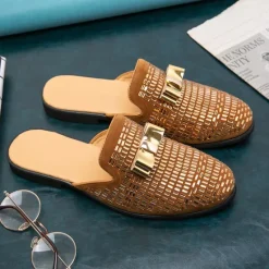 Discount OUKU Men's Brown Suede Slip-On Mules with Metallic Gold Studded Design and Bow Accent – Stylish Casual Loafers for Everyday Wear and Special Occasions