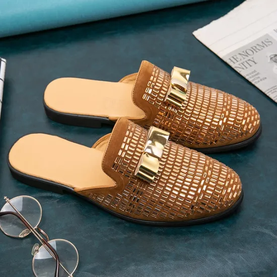 Discount OUKU Men's Brown Suede Slip-On Mules with Metallic Gold Studded Design and Bow Accent – Stylish Casual Loafers for Everyday Wear and Special Occasions