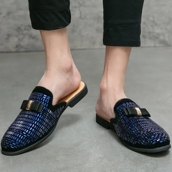 Discount OUKU Men's Brown Suede Slip-On Mules with Metallic Gold Studded Design and Bow Accent – Stylish Casual Loafers for Everyday Wear and Special Occasions