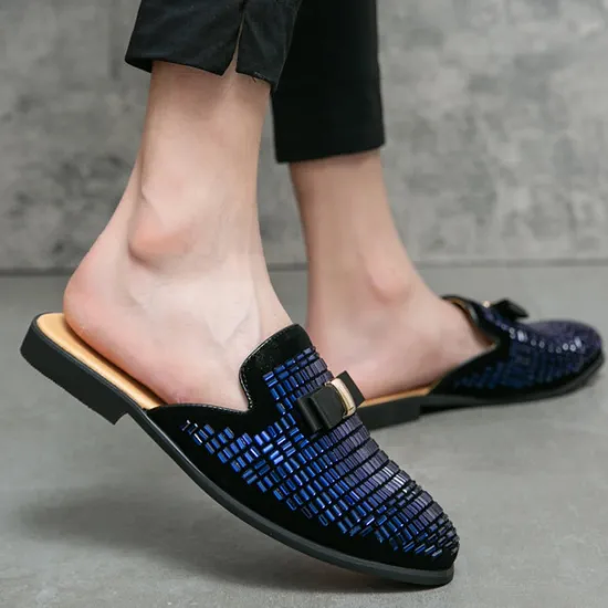 Discount OUKU Men's Brown Suede Slip-On Mules with Metallic Gold Studded Design and Bow Accent – Stylish Casual Loafers for Everyday Wear and Special Occasions