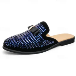 Discount OUKU Men's Brown Suede Slip-On Mules with Metallic Gold Studded Design and Bow Accent – Stylish Casual Loafers for Everyday Wear and Special Occasions
