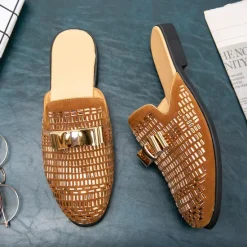 Discount OUKU Men's Brown Suede Slip-On Mules with Metallic Gold Studded Design and Bow Accent – Stylish Casual Loafers for Everyday Wear and Special Occasions