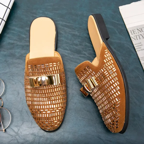 Discount OUKU Men's Brown Suede Slip-On Mules with Metallic Gold Studded Design and Bow Accent – Stylish Casual Loafers for Everyday Wear and Special Occasions