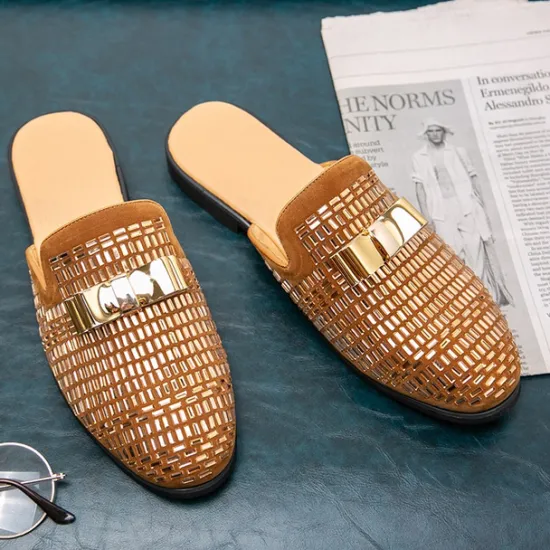 Discount OUKU Men's Brown Suede Slip-On Mules with Metallic Gold Studded Design and Bow Accent – Stylish Casual Loafers for Everyday Wear and Special Occasions