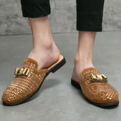 Discount OUKU Men's Brown Suede Slip-On Mules with Metallic Gold Studded Design and Bow Accent – Stylish Casual Loafers for Everyday Wear and Special Occasions