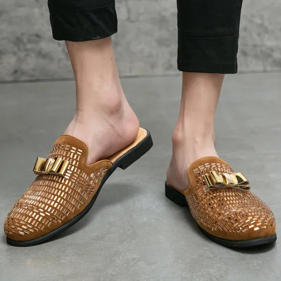 Discount OUKU Men's Brown Suede Slip-On Mules with Metallic Gold Studded Design and Bow Accent – Stylish Casual Loafers for Everyday Wear and Special Occasions
