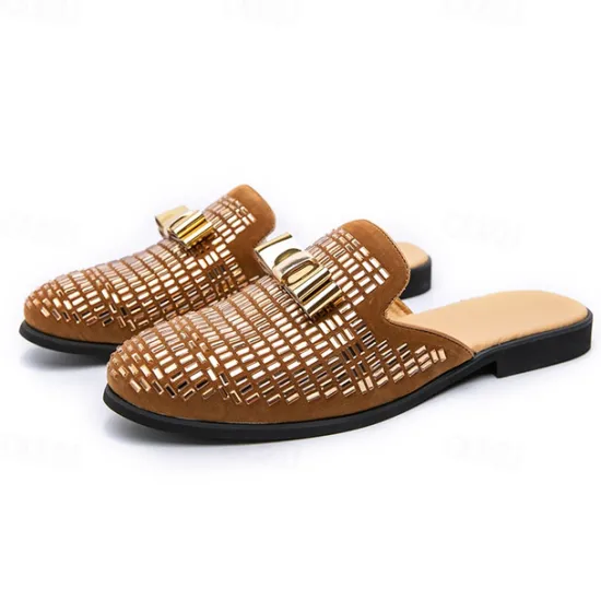 Discount OUKU Men's Brown Suede Slip-On Mules with Metallic Gold Studded Design and Bow Accent – Stylish Casual Loafers for Everyday Wear and Special Occasions