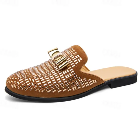Discount OUKU Men's Brown Suede Slip-On Mules with Metallic Gold Studded Design and Bow Accent – Stylish Casual Loafers for Everyday Wear and Special Occasions