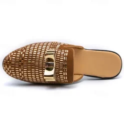 Discount OUKU Men's Brown Suede Slip-On Mules with Metallic Gold Studded Design and Bow Accent – Stylish Casual Loafers for Everyday Wear and Special Occasions