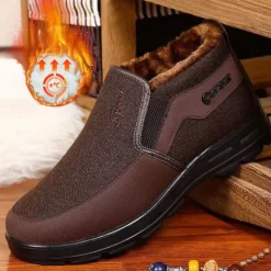 Online OUKU Men's Brown Winter Slip-On Boots with Plush Lining – Warm and Comfortable Casual Footwear for Cold Weather