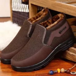 Online OUKU Men's Brown Winter Slip-On Boots with Plush Lining – Warm and Comfortable Casual Footwear for Cold Weather