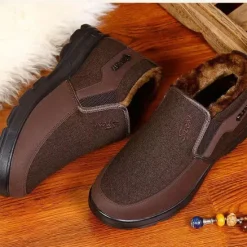 Online OUKU Men's Brown Winter Slip-On Boots with Plush Lining – Warm and Comfortable Casual Footwear for Cold Weather