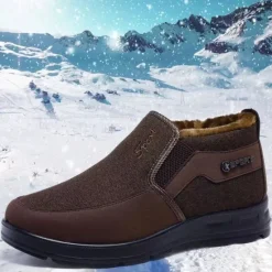 Online OUKU Men's Brown Winter Slip-On Boots with Plush Lining – Warm and Comfortable Casual Footwear for Cold Weather