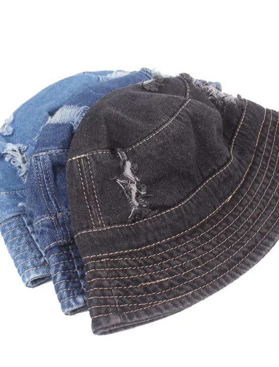 Clearance OUKU Men's Bucket Hat Sun Hat Black Deep Blue Denim Ripped Streetwear Stylish Casual Outdoor Daily Outdoor clothing Plain Sunscreen Lightweight Quick Dry