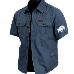 Clearance OUKU Men's Bull Work Shirt Western Shirt Cargo Shirt Short Sleeve Casual Tactical Sports Outdoor WorkWear Summer Spring Turndown Front Two Pockets Cotton Button Up Shirts Army Green Khaki Dark Blue Beige