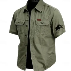 Clearance OUKU Men's Bull Work Shirt Western Shirt Cargo Shirt Short Sleeve Casual Tactical Sports Outdoor WorkWear Summer Spring Turndown Front Two Pockets Cotton Button Up Shirts Army Green Khaki Dark Blue Beige