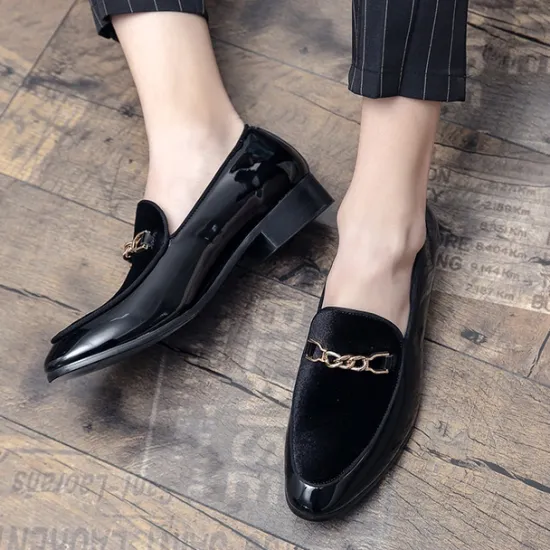 Online OUKU Men's Burgundy Velvet Loafers with Gold Chain Detail – Elegant Slip-On Dress Shoes for Formal Events and Parties