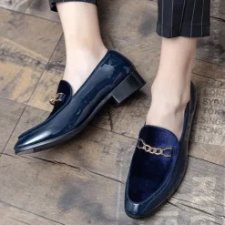 Online OUKU Men's Burgundy Velvet Loafers with Gold Chain Detail – Elegant Slip-On Dress Shoes for Formal Events and Parties