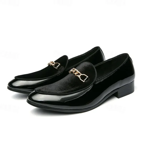 Online OUKU Men's Burgundy Velvet Loafers with Gold Chain Detail – Elegant Slip-On Dress Shoes for Formal Events and Parties