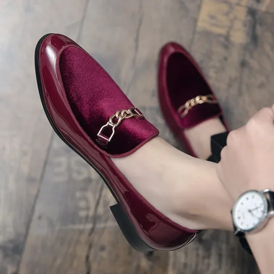 Online OUKU Men's Burgundy Velvet Loafers with Gold Chain Detail – Elegant Slip-On Dress Shoes for Formal Events and Parties