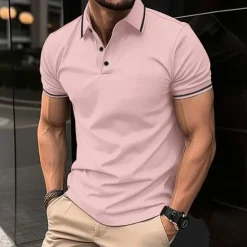 OUKU Men's Business Polo Golf Shirt Business Casual Ribbed Polo Collar Short Sleeve Solid Color Buttons Summer Spring & Fall Light Pink Dark Pink Black White Light Green Dark navy Business Polo