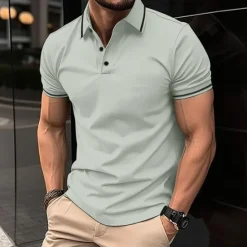 OUKU Men's Business Polo Golf Shirt Business Casual Ribbed Polo Collar Short Sleeve Solid Color Buttons Summer Spring & Fall Light Pink Dark Pink Black White Light Green Dark navy Business Polo