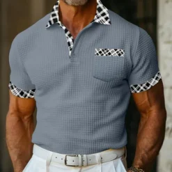 OUKU Men's Business Polo Golf Shirt Work Casual Lapel Classic Short Sleeve Basic Modern Color Block Patchwork Button Spring & Summer Regular Fit Light Yellow milk white khaki Gray Business Polo