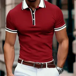 Outlet OUKU Men's Business Polo Pique Polo Shirt Business Casual Ribbed Polo Collar Classic Short Sleeve Color Block Patchwork Embroidered Summer Spring & Fall Dark Grey Black Burgundy Navy Blue Royal Blue