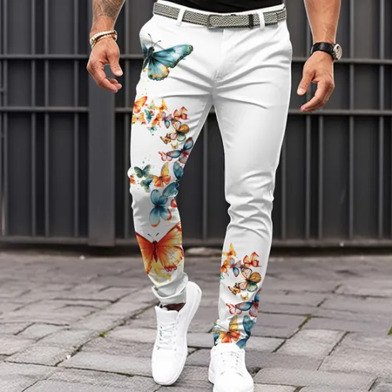 Clearance OUKU Men's Butterfly Dress Pants Mid Waist Fashion Casual Dailywear Vacation Zipper Pocket Summer Spring Fall 3D Print White