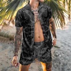 Hot OUKU Men's Butterfly Leaves 2pcs Shirts Sets Summer Hawaiian Shirt Short Sleeve Short Pants Cuban Collar Tropical Fashion Hawaiian Casual Holiday Beach Print Summer Spring Black Black / Green Light Green