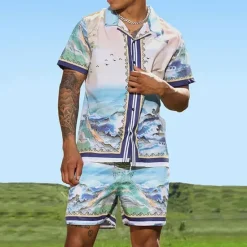 Hot OUKU Men's Butterfly Leaves 2pcs Shirts Sets Summer Hawaiian Shirt Short Sleeve Short Pants Cuban Collar Tropical Fashion Hawaiian Casual Holiday Beach Print Summer Spring Black Black / Green Light Green