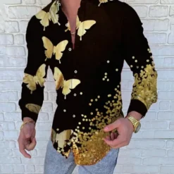 Discount OUKU Men's Butterfly Leaves Shirt Button Up Shirt Long Sleeve Fashion Designer Casual Outdoor Casual Daily Summer Spring Turndown Print Button-Down Yellow Gold