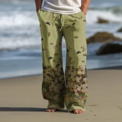 Clearance OUKU Men's Butterfly Linen Pants Pants Trousers Baggy Pants Mid Waist Vintage Outdoor Daily Wear Streetwear Fall & Winter Black Blue Green