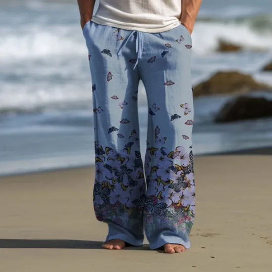 Clearance OUKU Men's Butterfly Linen Pants Pants Trousers Baggy Pants Mid Waist Vintage Outdoor Daily Wear Streetwear Fall & Winter Black Blue Green