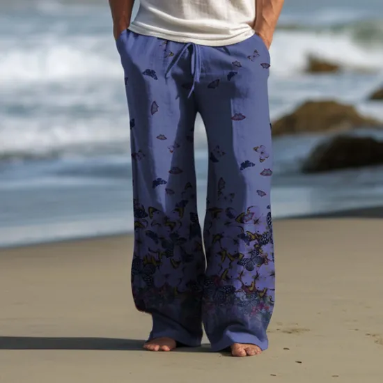 Clearance OUKU Men's Butterfly Linen Pants Pants Trousers Baggy Pants Mid Waist Vintage Outdoor Daily Wear Streetwear Fall & Winter Black Blue Green