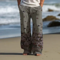 Clearance OUKU Men's Butterfly Linen Pants Pants Trousers Baggy Pants Mid Waist Vintage Outdoor Daily Wear Streetwear Fall & Winter Black Blue Green