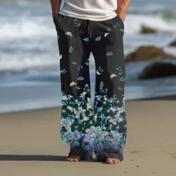 Clearance OUKU Men's Butterfly Linen Pants Pants Trousers Baggy Pants Mid Waist Vintage Outdoor Daily Wear Streetwear Fall & Winter Black Blue Green