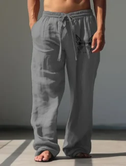 Online OUKU Men's Butterfly Linen Pants Pants Trousers Baggy Pants Mid Waist Vintage Outdoor Daily Wear Streetwear Fall & Winter White Green Khaki