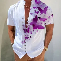Online OUKU Men's Butterfly Shirt Button Up Shirt Short Sleeve Fashion Streetwear Designer Outdoor Casual Daily Spring & Summer Stand Collar Print Yellow Blue Purple Green Gray