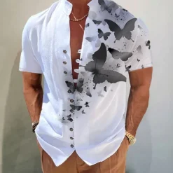 Online OUKU Men's Butterfly Shirt Button Up Shirt Short Sleeve Fashion Streetwear Designer Outdoor Casual Daily Spring & Summer Stand Collar Print Yellow Blue Purple Green Gray